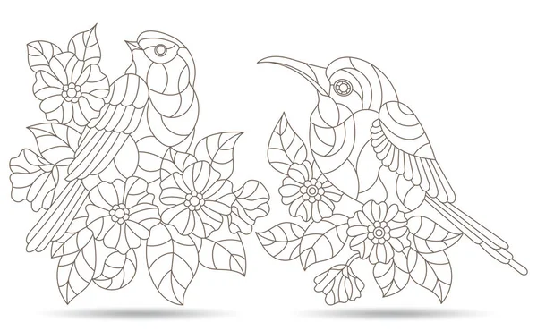 Çiçekler Arasında Kuşların Bulunduğu Boyalı Cam Tarzında Bir Dizi Çizim — Stok Vektör