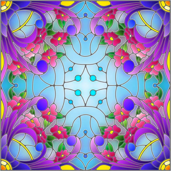 Mavi arkaplan üzerinde soyut bir çiçek düzeniyle mozaik cam tarzında resimleme, kare resim