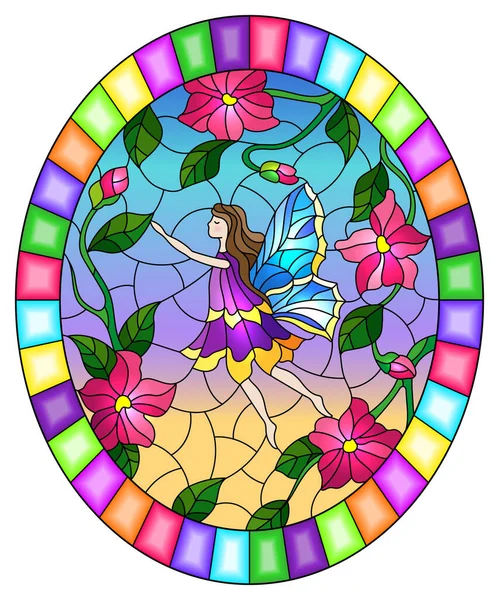 Ilustración Estilo Vitral Con Hada Alada Cielo Flores Color Rosa — Vector de stock