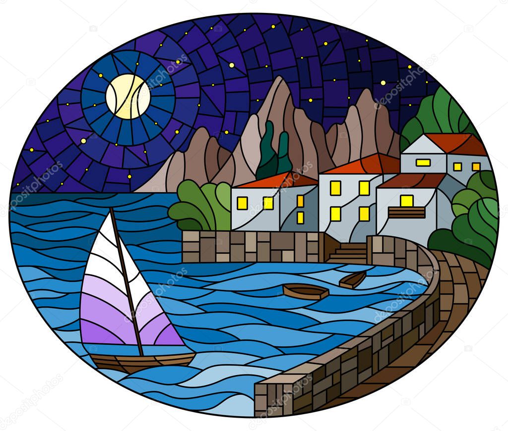 The illustration in stained glass style  with a sailboat on the background of the Bay with city, sea and starry night sky with moon, oval image