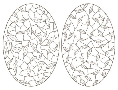 İç içe geçmiş yaprakları olan boyalı camlar, beyaz arka planda koyu çizgiler, oval görüntüler.