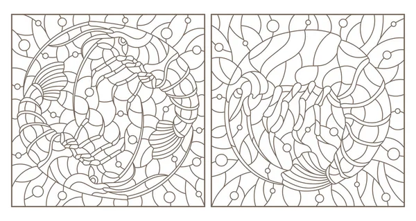 Набір Контурних Ілюстрацій Вітражному Стилі Креветками Фоні Водяних Повітряних Бульбашок — стоковий вектор