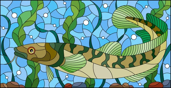 藻や気泡 水などを背景にした ステンドグラス風のイラスト — ストックベクタ
