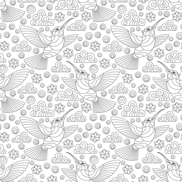 Бесшовный Рисунок Колибри Птиц Облаков Цветов Контур Птиц Белом Фоне — стоковый вектор