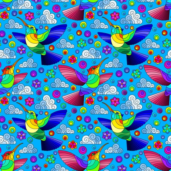 Patrón Sin Costuras Con Brillantes Colibríes Nubes Flores Pájaros Brillantes — Vector de stock