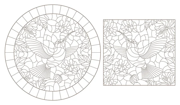 Série Illustrations Contours Vitraux Avec Des Oiseaux Des Fleurs Colibris — Image vectorielle