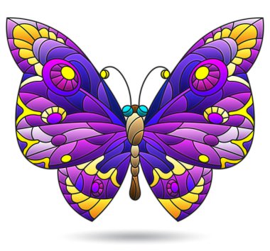 Parlak mor bir kelebeği olan bir vitray çizimi. Beyaz arka planda izole edilmiş bir böcek.