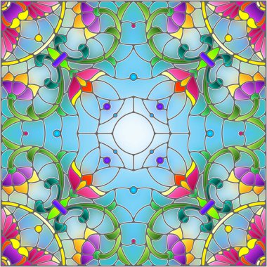Mavi arkaplan üzerinde soyut bir çiçek düzeniyle mozaik cam tarzında resimleme, kare resim