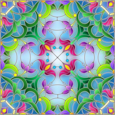 Mavi arkaplan üzerinde soyut bir çiçek düzeniyle mozaik cam tarzında resimleme, kare resim