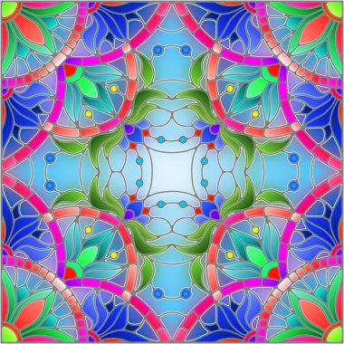 Mavi arkaplan üzerinde soyut bir çiçek düzeniyle mozaik cam tarzında resimleme, kare resim