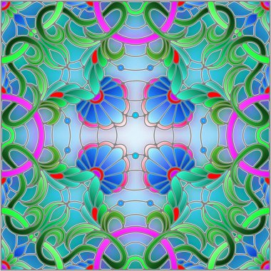 Mavi arkaplan üzerinde soyut bir çiçek düzeniyle mozaik cam tarzında resimleme, kare resim