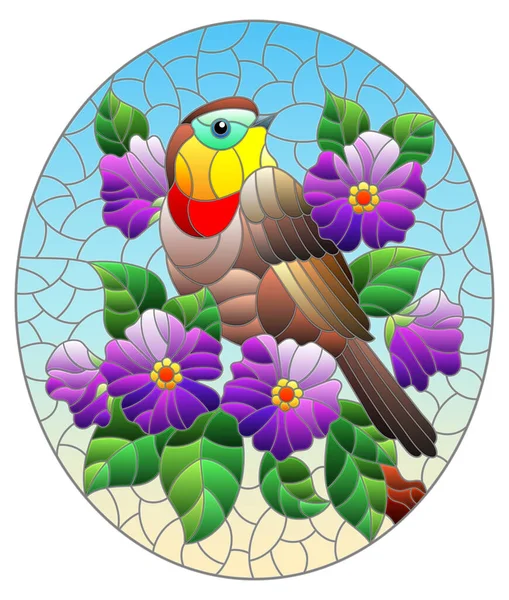 Иллюстрация Стиле Витража Красивой Яркой Птицей Фоне Ветки Дерева Фиолетовыми — стоковый вектор
