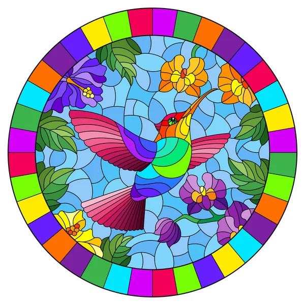 Ilustração Estilo Vitral Com Pássaro Hummingbird Brilhante Fundo Céu Flores — Vetor de Stock