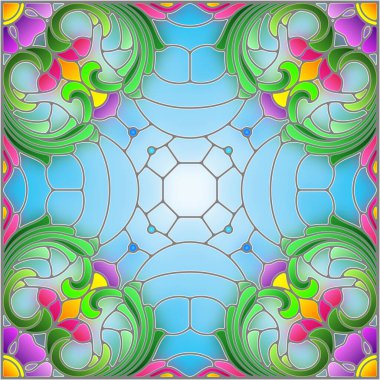 Mavi arkaplan üzerinde soyut bir çiçek düzeniyle mozaik cam tarzında resimleme, kare resim