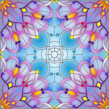 Mavi arkaplan üzerinde soyut bir çiçek düzeniyle mozaik cam tarzında resimleme, kare resim