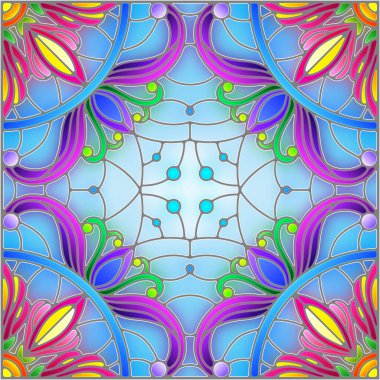 Mavi arkaplan üzerinde soyut bir çiçek düzeniyle mozaik cam tarzında resimleme, kare resim