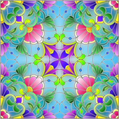 Mavi arkaplan üzerinde soyut bir çiçek düzeniyle mozaik cam tarzında resimleme, kare resim