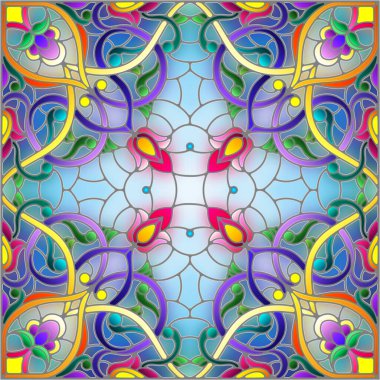 Mavi arkaplan üzerinde soyut bir çiçek düzeniyle mozaik cam tarzında resimleme, kare resim