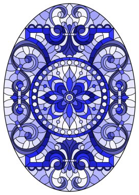 Boyalı cam tarzında resim, çiçek süslemeleri ve girdaplı yuvarlak ayna görüntüsü, ton mavisi, oval görüntü