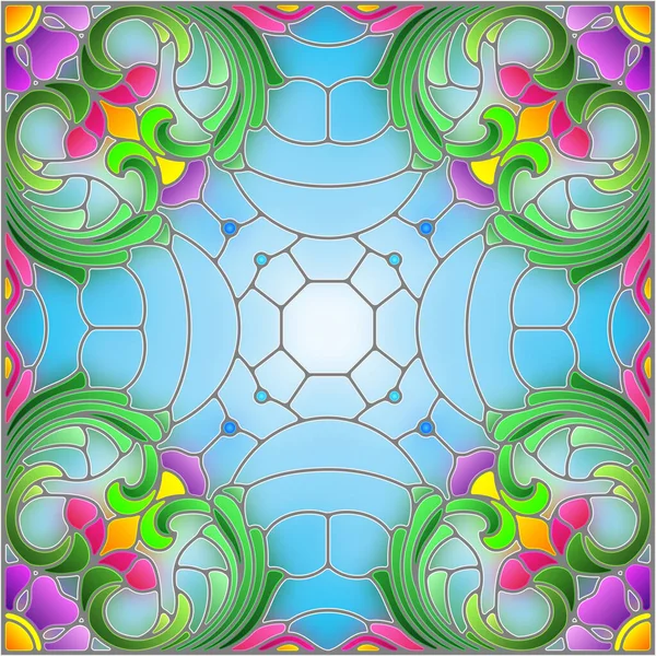 Illustration Buntglasstil Mit Einem Abstrakten Blumenarrangement Auf Blauem Hintergrund Quadratisch — Stockvektor