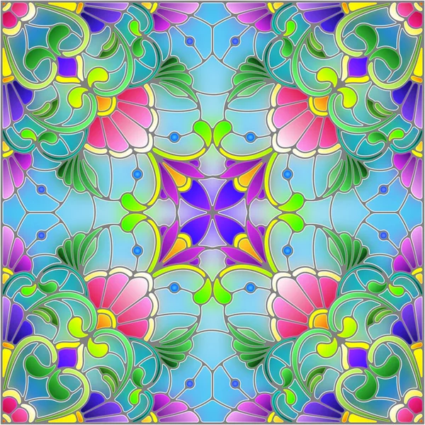 Illustration Buntglasstil Mit Einem Abstrakten Blumenarrangement Auf Blauem Hintergrund Quadratisch — Stockvektor