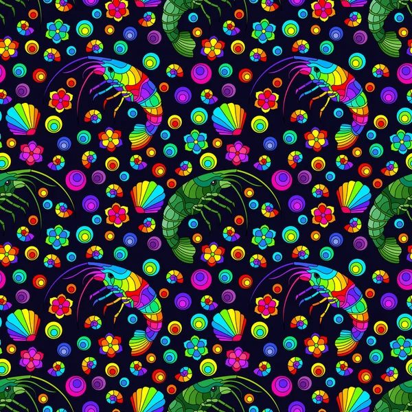 Seamless Illustration Colorful Shrimps Flowers Shells Animals Dark Background — Stock Vector