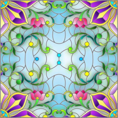 Mavi arkaplan üzerinde soyut bir çiçek düzeniyle mozaik cam tarzında resimleme, kare resim