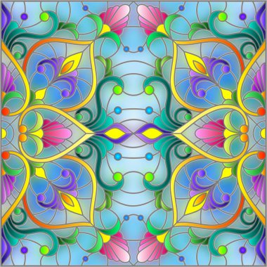Mavi arkaplan üzerinde soyut bir çiçek düzeniyle mozaik cam tarzında resimleme, kare resim