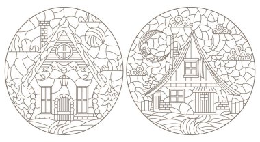 Çam ağaçlarının ve gökyüzünün arka planında konforlu kırsal evler, beyaz arka planda koyu çizgiler, oval görüntüler...