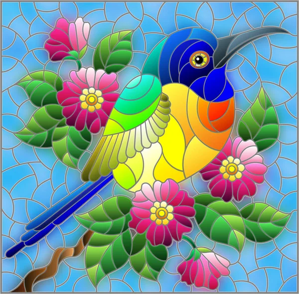 色彩斑斓的玻璃窗的图例 背景是美丽明亮的鸟儿 枝条上有粉色的花朵和天空 长方形的图像 — 图库矢量图片