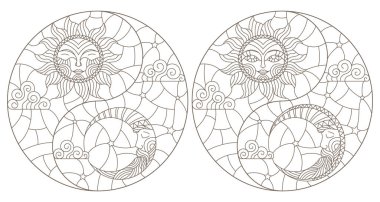 Güneş ve ay ile boyalı cam tarzında bir dizi çizim, beyaz arkaplanda koyu çizgiler.