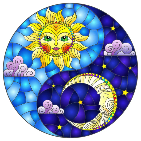 Stained Glass Illustration Sun Moon Shape Yin Yang Sign Image — Stock Vector