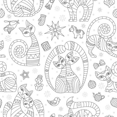 Yeni yıl teması ve Noel 'de kediler ve oyuncaklarla kusursuz bir düzen, beyaz arka planda koyu çizgiler.