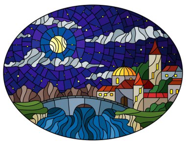 Eski şehirle boyalı cam tarzında tasvir ve yıldızlı gökyüzü ve ayın arka planında dağlar olan bir nehir üzerinde köprü, oval görüntü.