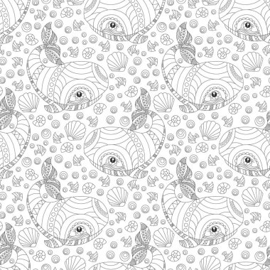 Çizgi film balinaları ve balıklarıyla kusursuz desenler, beyaz arka plandaki hayvan hatları.