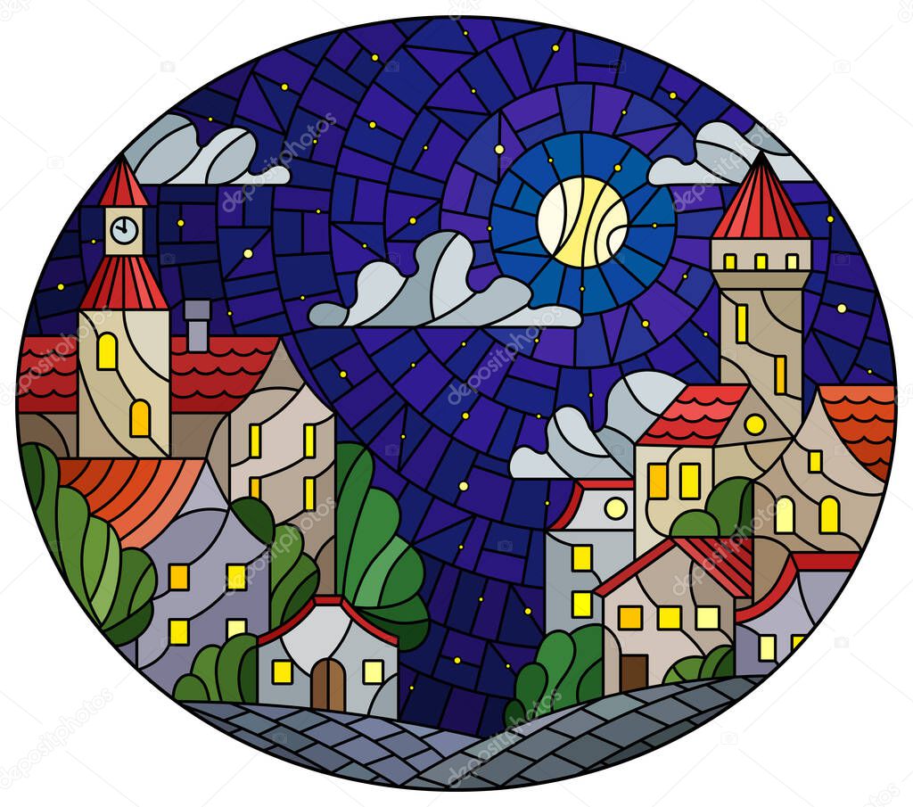 Illustration in stained glass style, urban landscape,roofs and trees against the starry nighr sky and moon, oval image