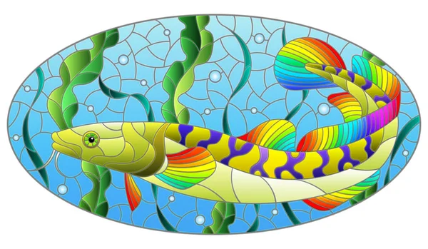 Ілюстрація Вітражному Стилі Абстрактною Бурбонною Рибою Тлі Водоростей Повітряних Бульбашок — стоковий вектор