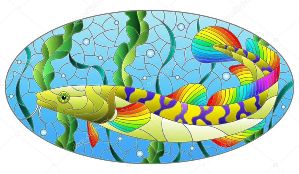 Illustration in stained glass style with an abstract burbot fish on a background of algae, air bubbles and water, oval image