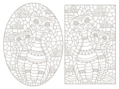 Soyut kedilerle renklendirilmiş cam tarzında çizimler, beyaz arka planda koyu çizgiler.