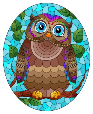 Ağaç dalları ve mavi gökyüzünün arka planında parlak soyut bir baykuş olan boyalı cam çizimi, oval görüntü