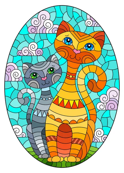 Uma Ilustração Vitral Com Par Gatos Desenhos Animados Prado Contra — Vetor de Stock