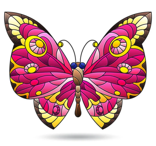 鮮やかなピンクの蝶とステンドグラスのイラスト 白い背景に隔離された昆虫 — ストックベクタ