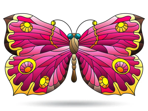色彩斑斓的玻璃图画 有明亮的粉色蝴蝶 白色背景上孤立的昆虫 — 图库矢量图片