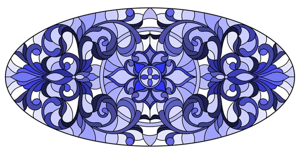 ステンドグラス風のイラスト 花飾りと渦巻きの丸い鏡像 トーンブルー 楕円形の画像 — ストックベクタ