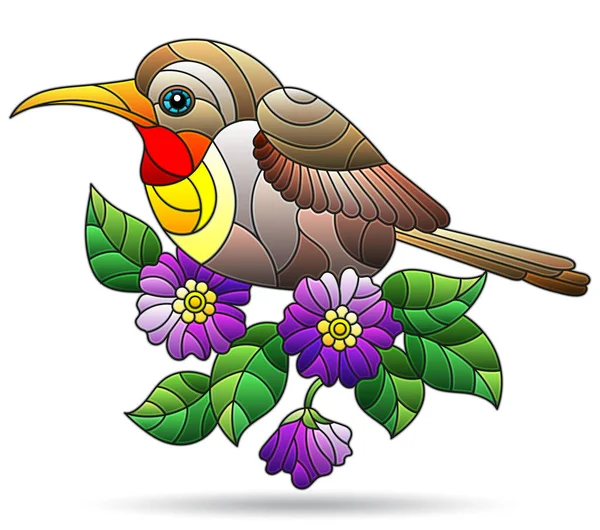 Une Illustration Vitrail Avec Oiseau Lumineux Des Fleurs Des Feuilles — Image vectorielle