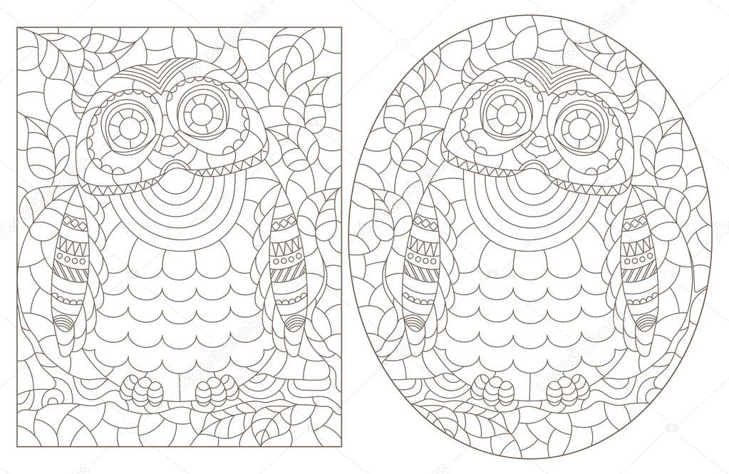 Set of contour illustrations in stained glass style with abstract owls on tree branches, dark outlines on a white background