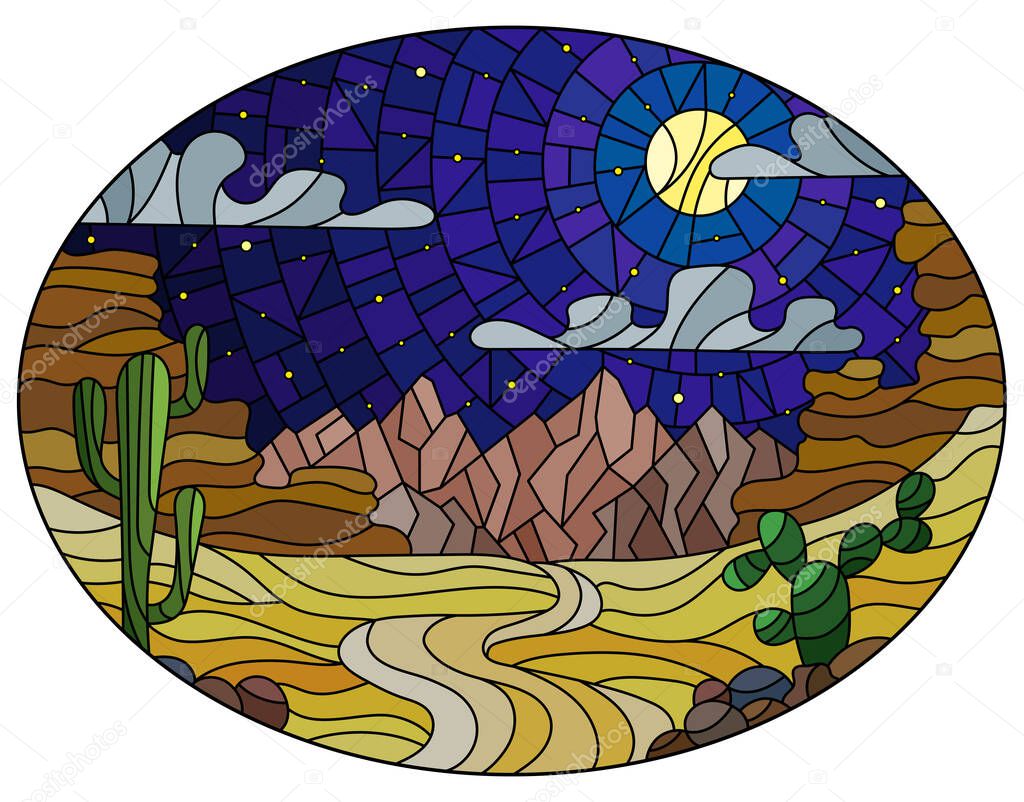 The illustration in stained glass style painting with desert landscape, cactus in a lbackground of dunes, starry sky and moon, oval image
