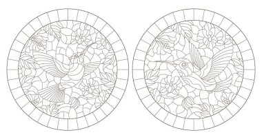 Sinekkuşu kuşları ve çiçekli vitray çizimleri, beyaz arka planda koyu çizgiler, yuvarlak çerçeveli resimler.