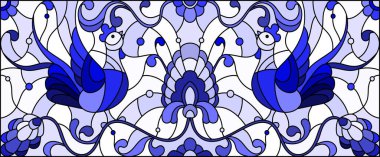 Açık arkaplanda bir çift soyut horoz, çiçek ve desenli, yatay görüntü, tek renkli mavi tonda boyalı cam tasviri