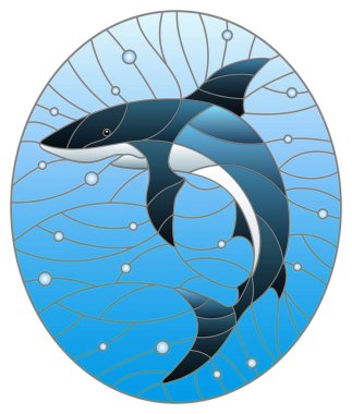 Mavi bir su ve hava kabarcıkları üzerinde köpekbalığı olan vitray tarzı bir resim, oval görüntü 